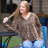 V-Neck Collared Pullover - Leopard
