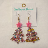 Acrylic Confetti Pink Christmas Tree Earrings  - PREORDER
