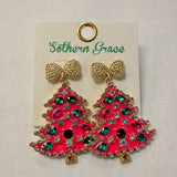 Hot Pink Christmas Tree Crystal Earrings  - PREORDER