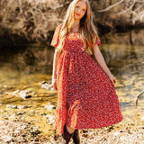 Puff Sleeve Midi Dress - Red Floral