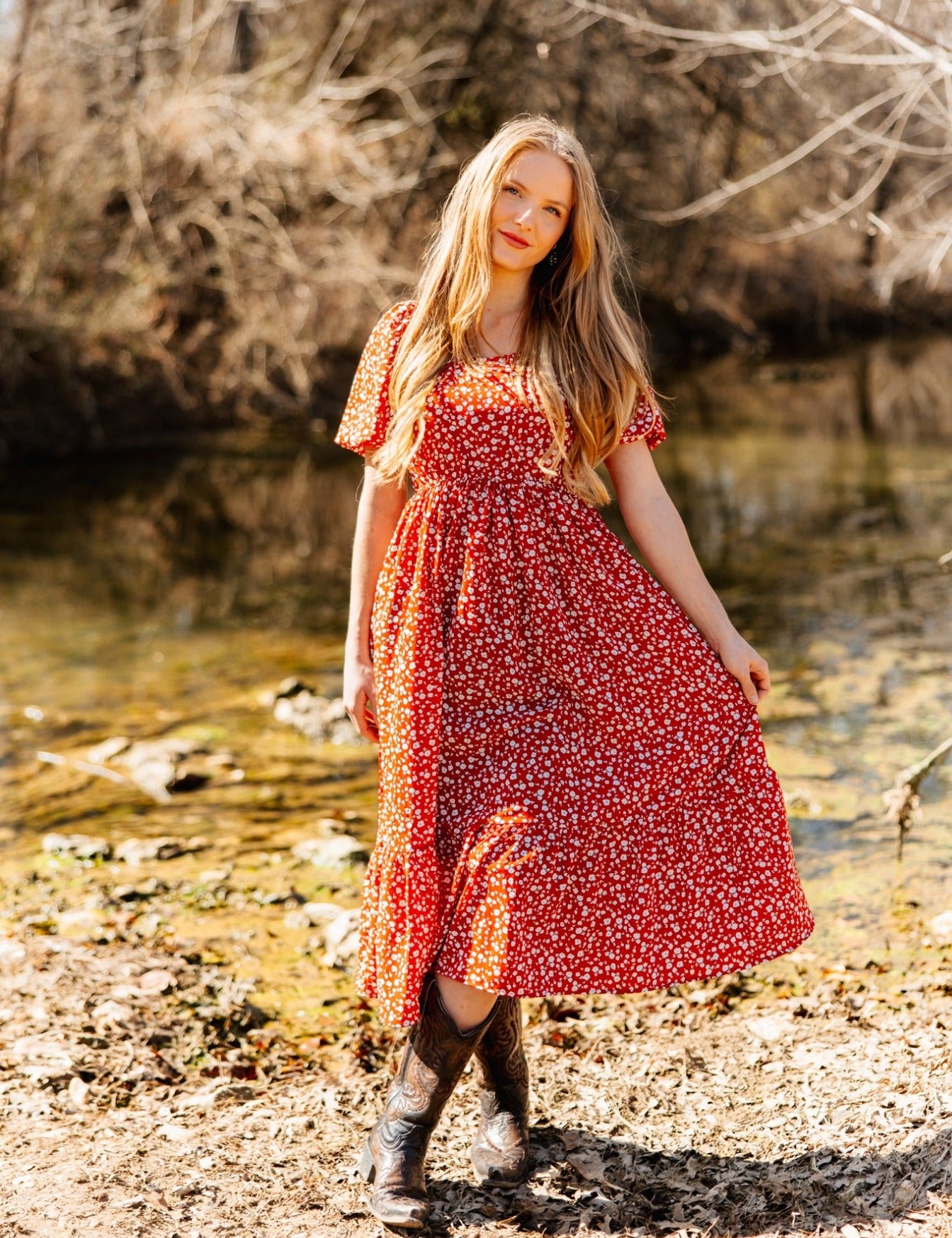 Puff Sleeve Midi Dress - Red Floral