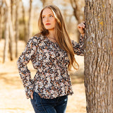 Peplum Blouse with Ruffle Detail - Black Floral