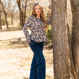 Peplum Blouse with Ruffle Detail - Black Floral