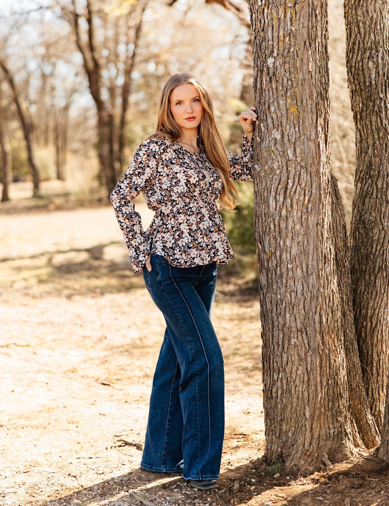 Peplum Blouse with Ruffle Detail - Black Floral