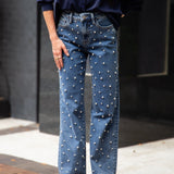 Straight-Leg Jeans with Pearls Studs