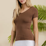 Seamless Reversible V-Neck Short Sleeve Top - Coffee - LAST ONES FINAL SALE