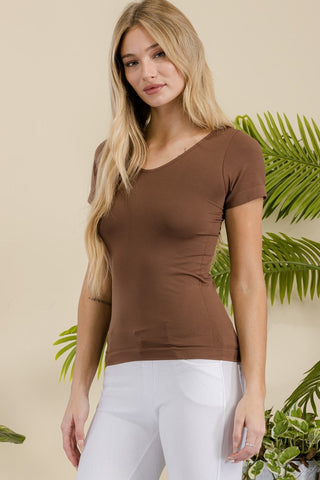 Seamless Reversible V-Neck Short Sleeve Top - Coffee
