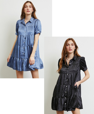 Heyson Tiered Beaded Satin Shirt Dress - Black or Blue - LAST ONE FINAL SALE