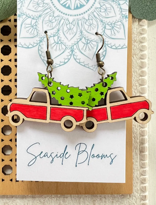 Christmas Truck Hand Painted Wood Earrings