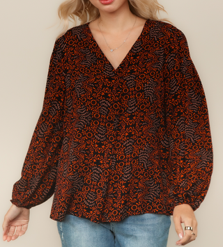 DEAL - V-Neck Long Sleeve Top - Black/Orange