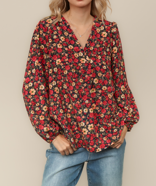 DEAL - V-Neck Long Sleeve Top - Charcoal