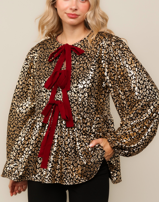 Animal Print Foil Front Ribbon Tie Top