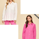 Bailey Embroidered Button Up Top - Hot Pink/Off White PREORDER