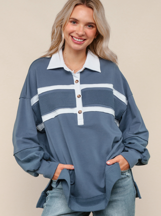 Collared Bubble Long Sleeve Oversized Pullover Top