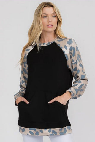 DEAL - Contrasting Leopard Print French Terry Long Sleeve Top