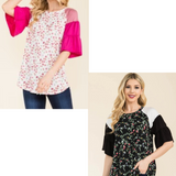 Floral Print Top With Contrasting Bell Sleeves - 2 Colors* FINAL SALE *