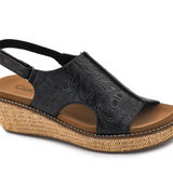 Volta II Black Embossed Floral Wedges by Corkys - PREORDER