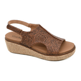Volta II Cognac Emboss Floral Wedges by Corkys - PREORDER