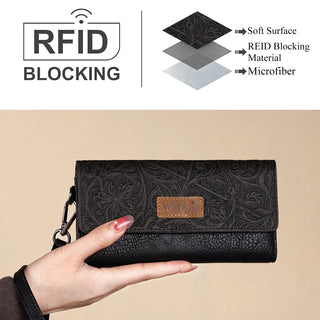 Wrangler Western Floral Tooled Tri-fold RFID Wallet/Wristlet - Black