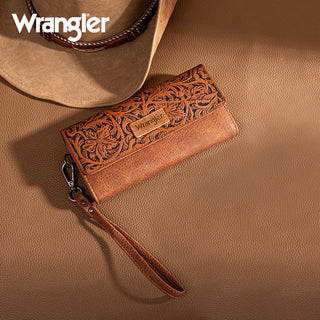 Wrangler Western Floral Tooled Tri-fold RFID Wallet/Wristlet - Brown