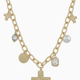 Evangeline Hammered Cross, Pearl, Crystal Necklace