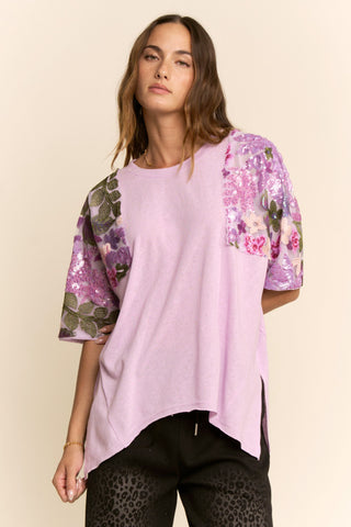 Sequin Floral Mesh Sleeve High-Low Tunic Top - Lavender  - PREORDER