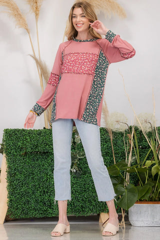Floral Contrast Long Sleeve Top - Cinnamon