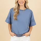 Eyelet Inset Short Sleeve Crewneck Sweatshirt - Chambray - PREORDER