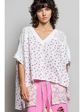 POL V-Neck Gauze Lace Floral Top  - PREORDER