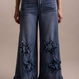Back Elastic Wide Leg Denim Pants With Star - PREORDER