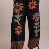 Elastic Waist Flower Patch Work Wide Leg Pants - PREORDER