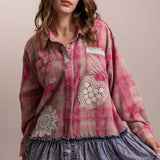 Collard Neck Patchwork Long Sleeve Plaid Ruffle Hem Top - PREORDER
