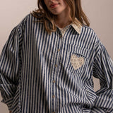 Stripe Collard Neck Button Down Long Sleeve Top - PREORDER