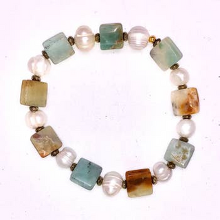 Square Amazonite/Freshweater Pearl Stretch Bracelet