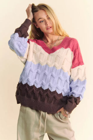 V Neckline Cozy Waves Color Block Sweater  - PREORDER