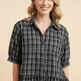 Plaid Button-Down Peplum Top - PREORDER