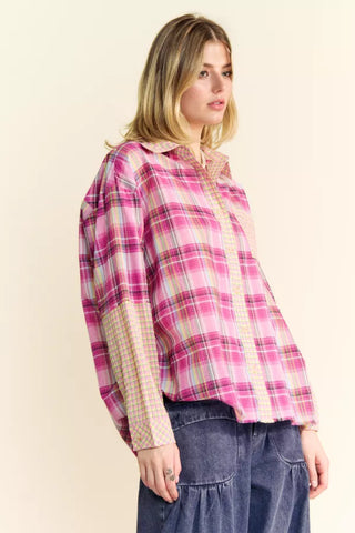 Plaid And Checker Mixed Fringe Button Front Top  - PREORDER