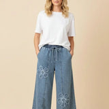 Floral Appliqué Drawstring Wide Leg Denim Pants - PREORDER