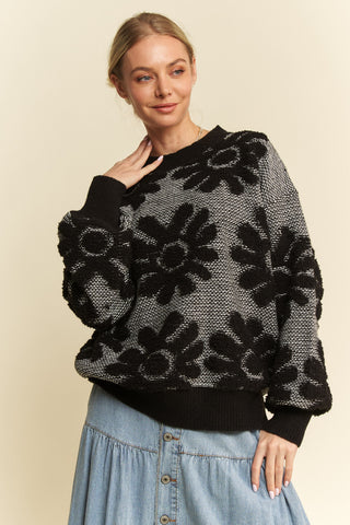 Textured Floral Crewneck Pullover Sweater