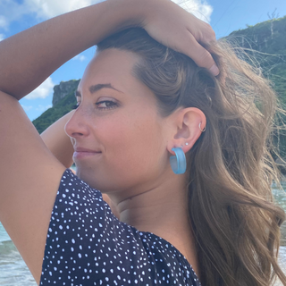 chandler hoops turquoise on woman on a beach in a polka dot dress