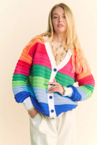 Striped Textured Multi Color Button Front Cardigan  - PREORDER