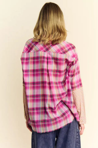 Plaid And Checker Mixed Fringe Button Front Top  - PREORDER