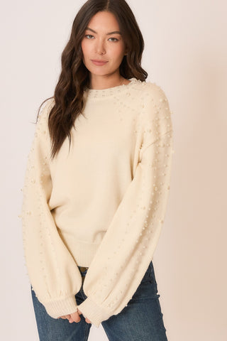 Pearl Studded Lantern Sleeve Knit Sweater