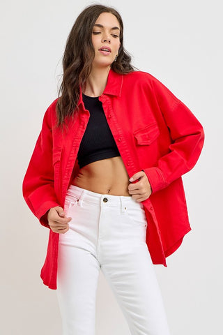 Risen  Denim Shacket with Chest Pockets - Red