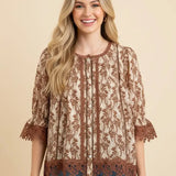 Botanical Print Lace Trim Blouse - PREORDER