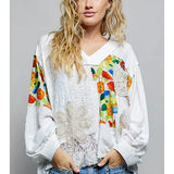 POL Long Sleeve Crochet Printed Top