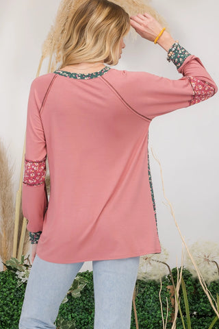 Floral Contrast Long Sleeve Top - Cinnamon