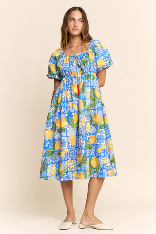 Lemon Azulejo Puffed Sleeve Smock Midi Dress  - PREORDER