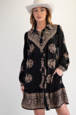 Border Printed Challis Shirt Dress