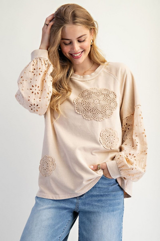 Eyelet Lace Washed Terry Pullover - Ecru
